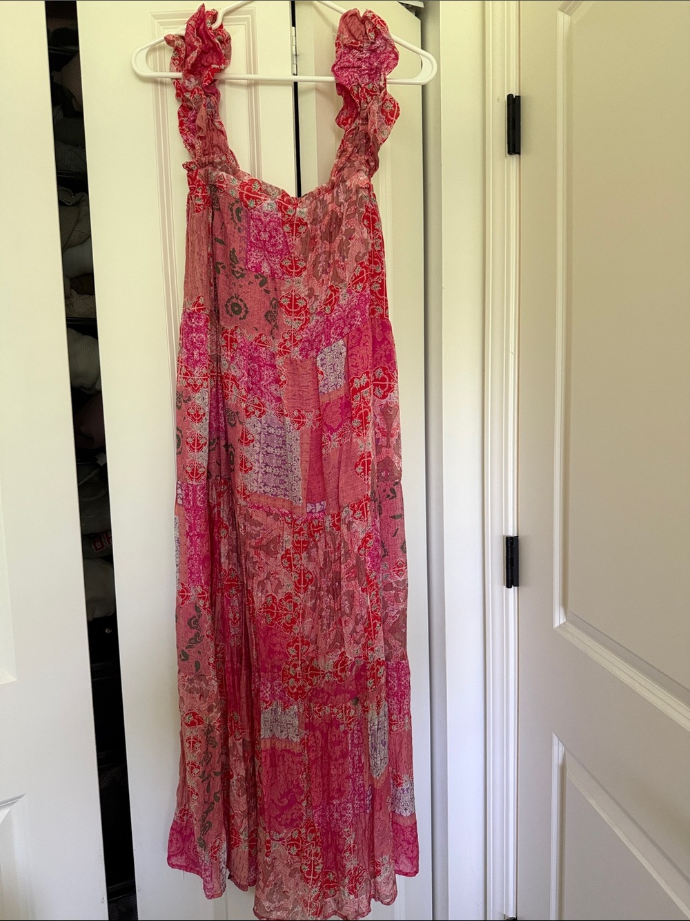 Pink Patchwork Midi Dress with Ruffled Straps